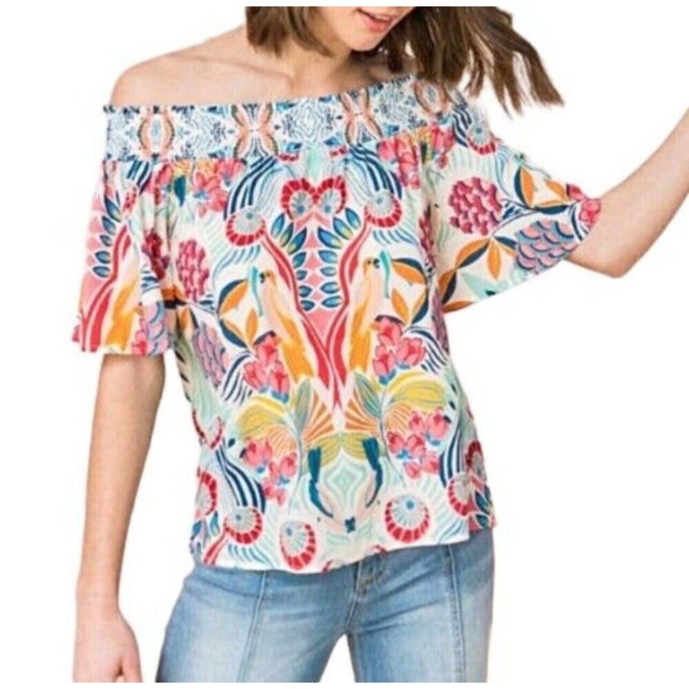Flying Tomato Casual Short Sleeve Blouse Top Size Large Floral Off the Shoulder‎